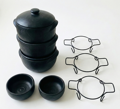 Kit Panelas de Barro 1L, 2L e 5L + 2 Cumbucas + 3 Suportes