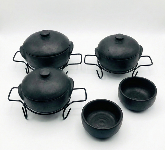 Kit 3 Panelas de Barro 1L, 2L e 5L + 2 Cumbucas + 3 Suportes